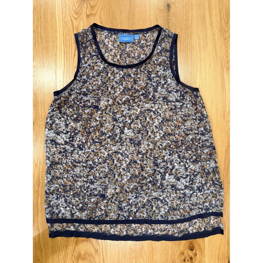 Simply Vera Wang Sheer Multicolor Floral Sleeveless High Low Top Navy Trim LG
